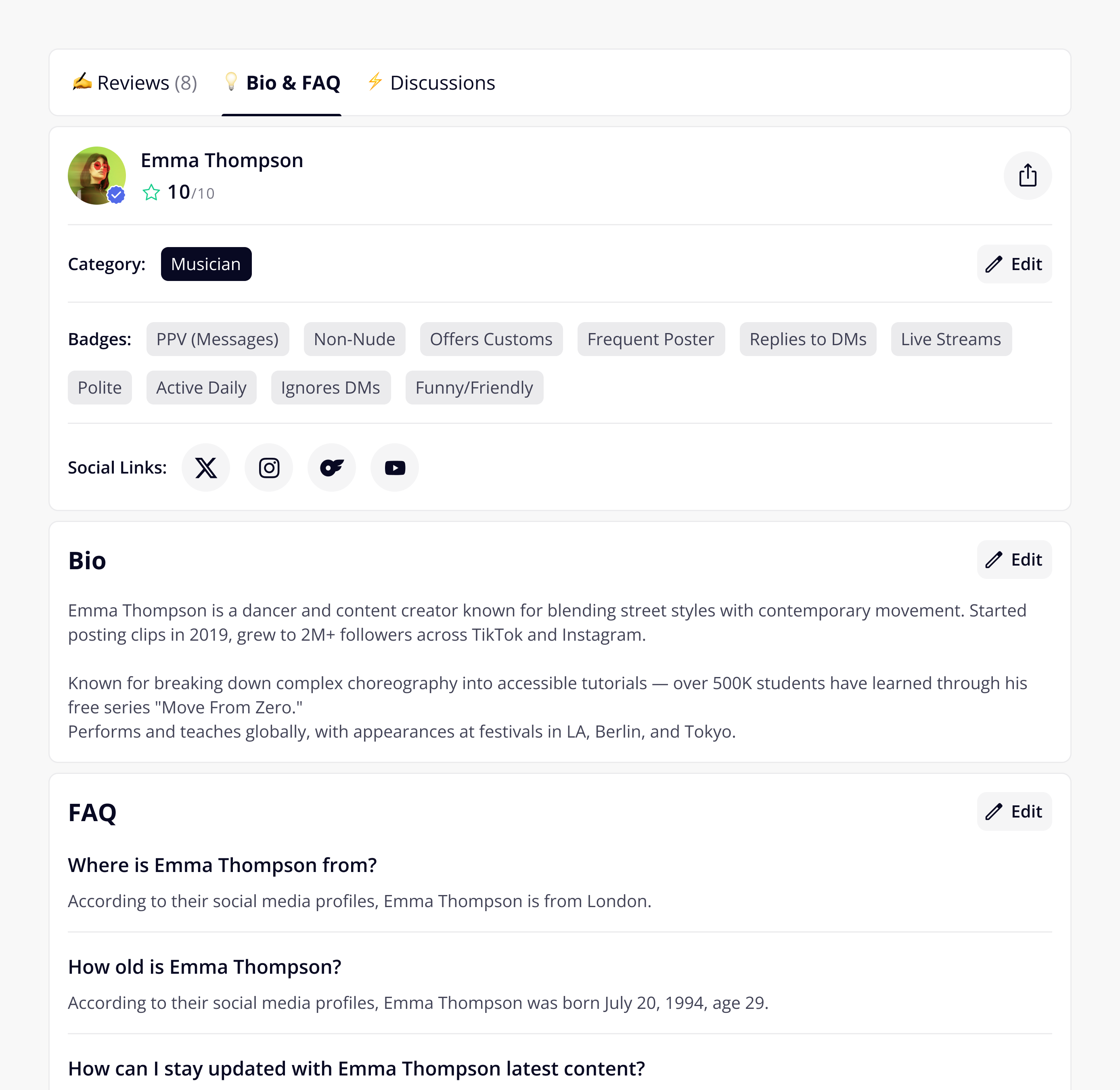 Creator profile - Bio tab