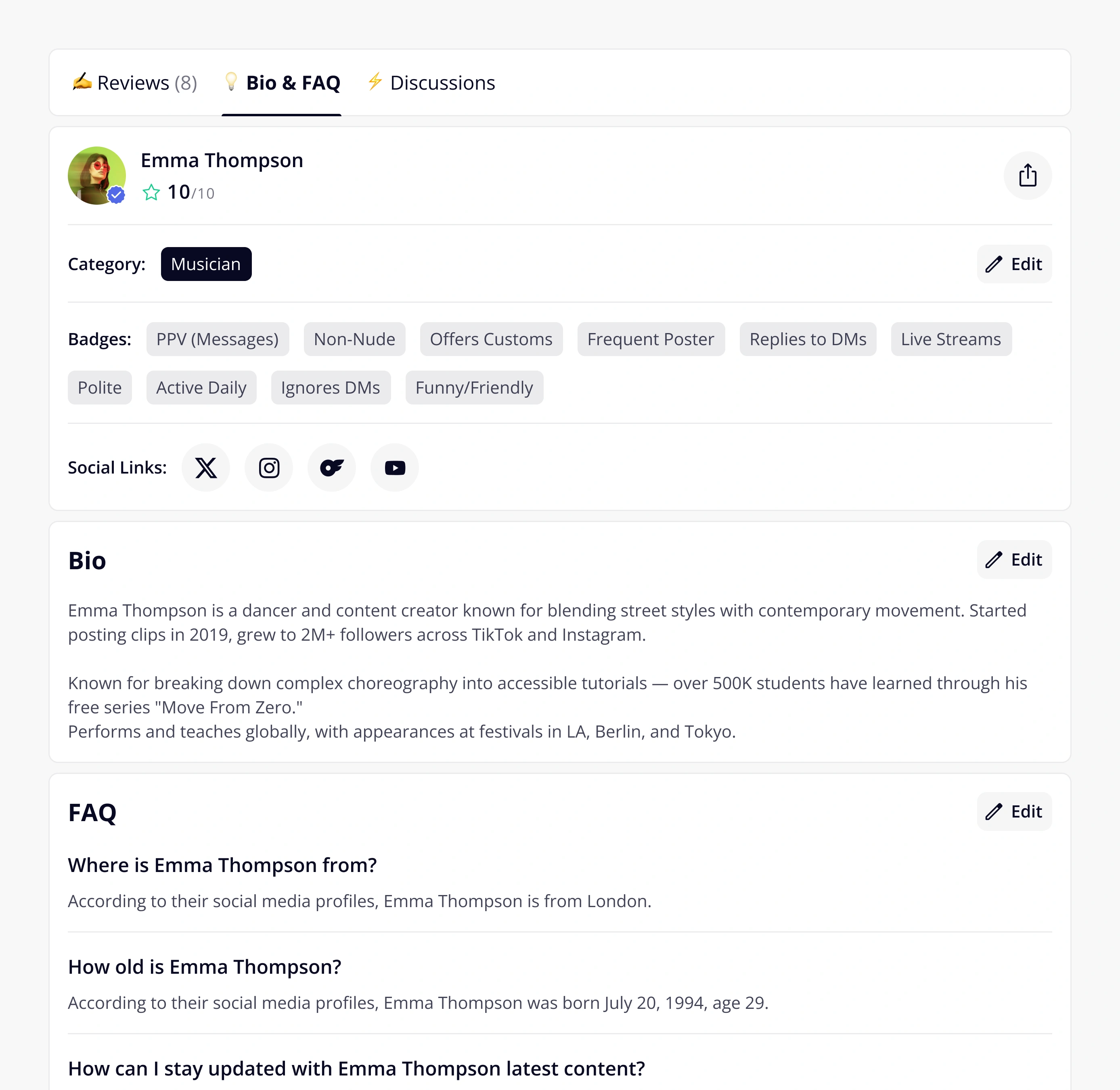 Creator profile - Bio tab