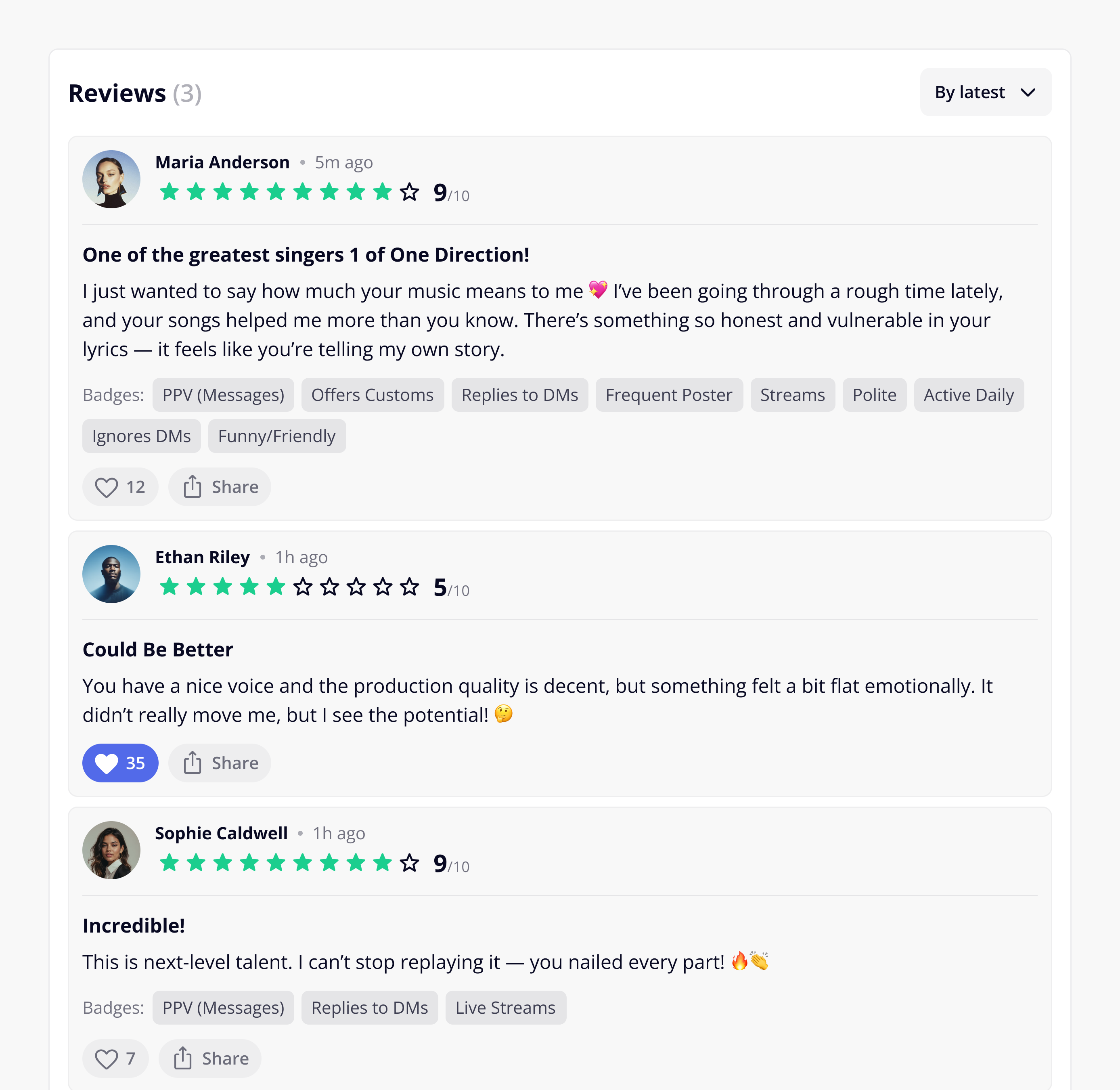 Creator reviews stacked view