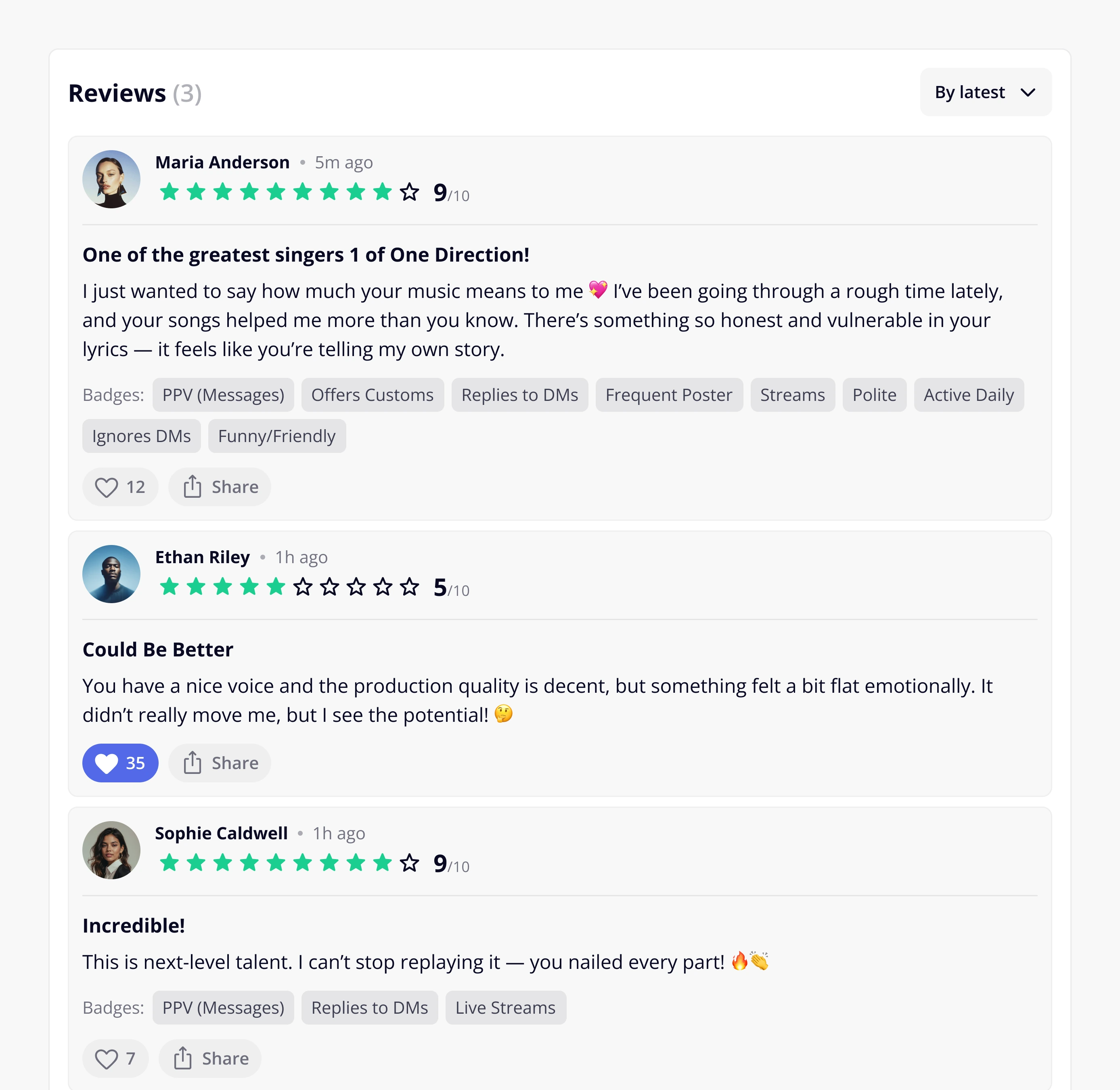 Creator reviews stacked view