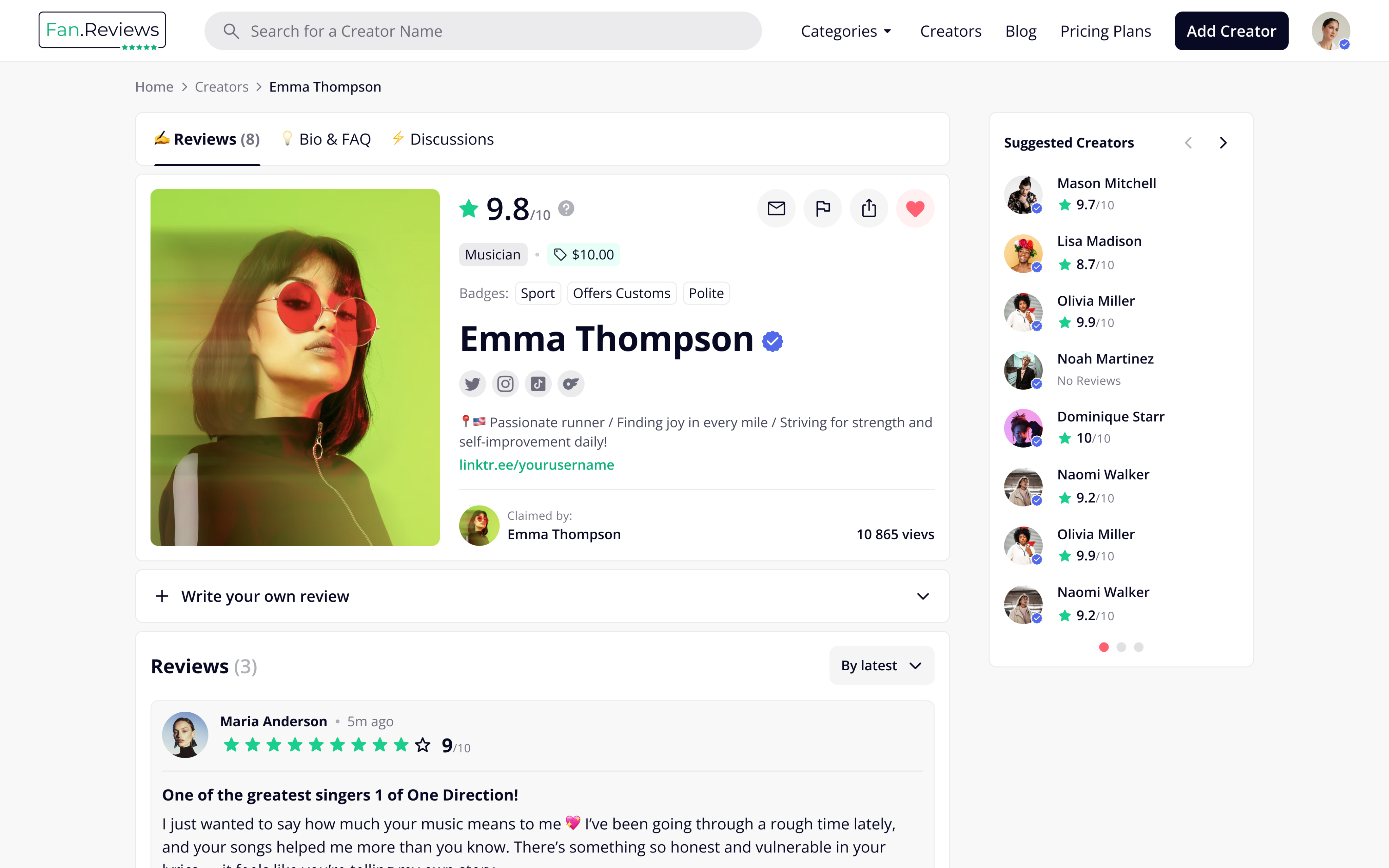 Creator profile - Reviews tab