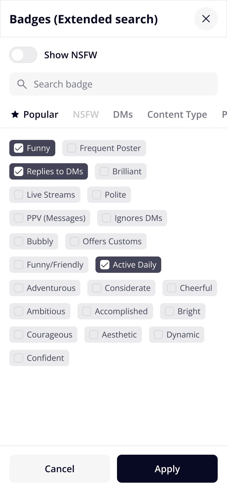 Badges modal mobile