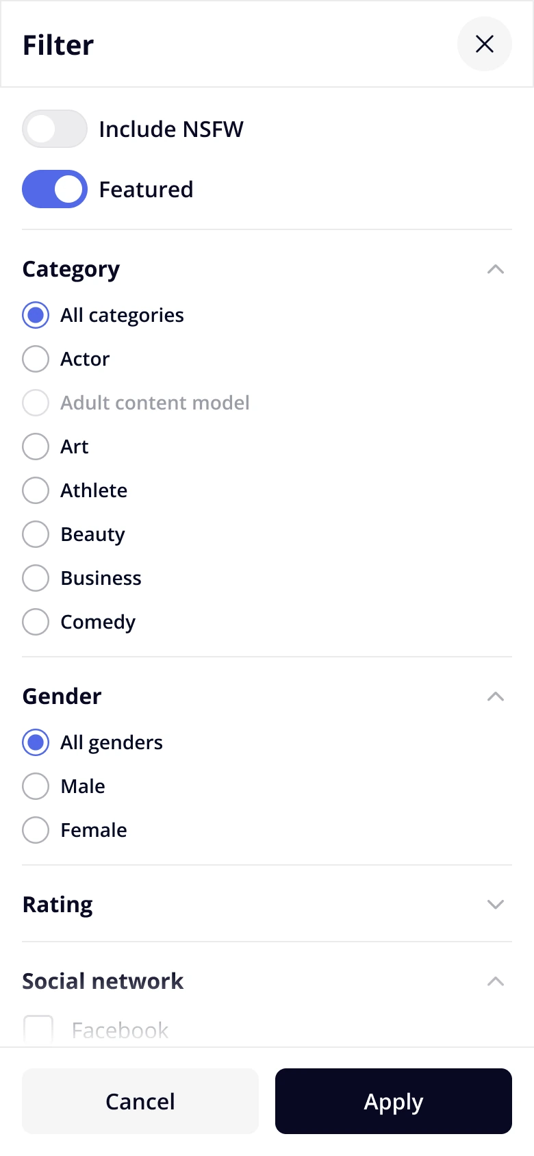 Filter modal mobile