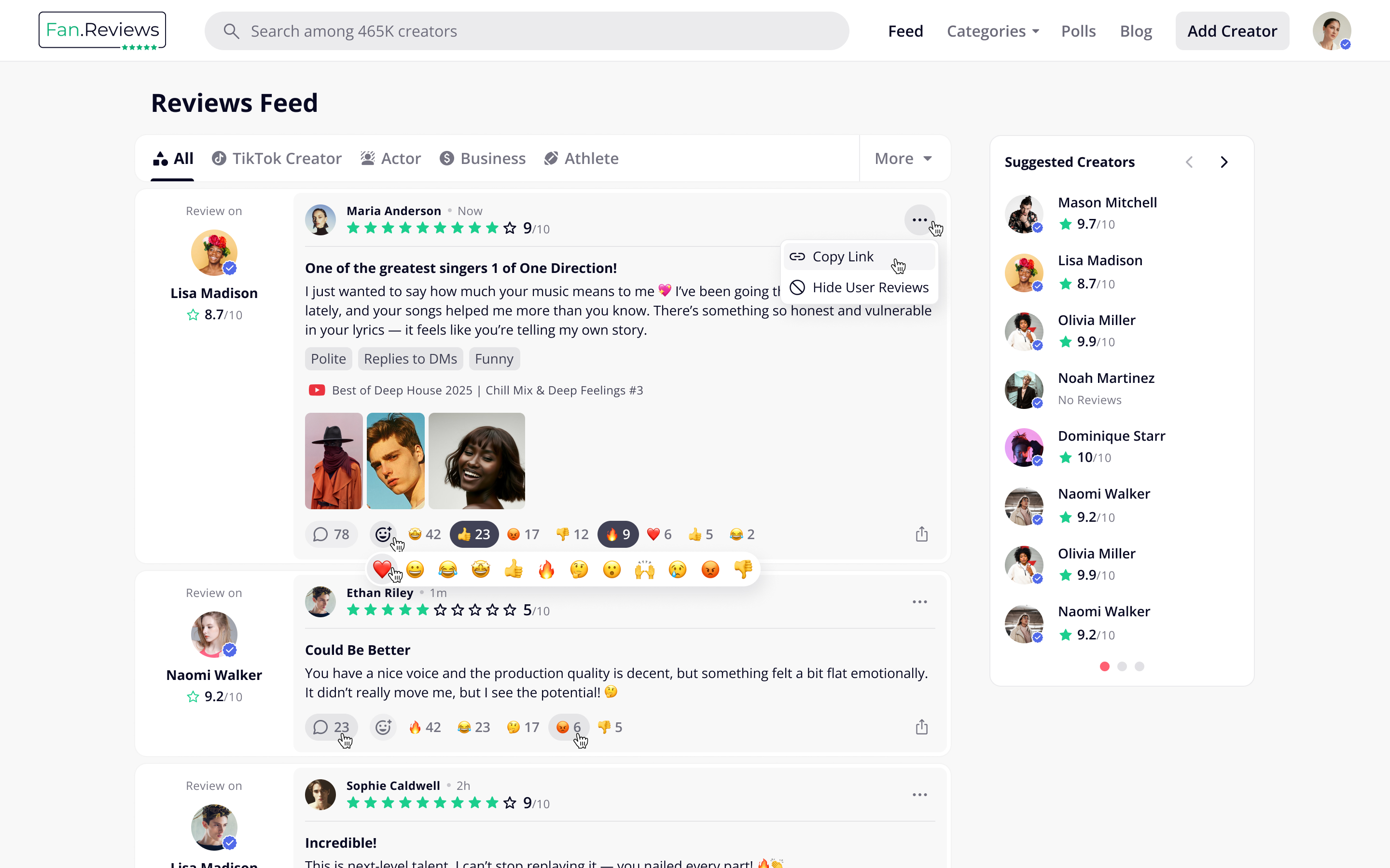 Reviews feed main page