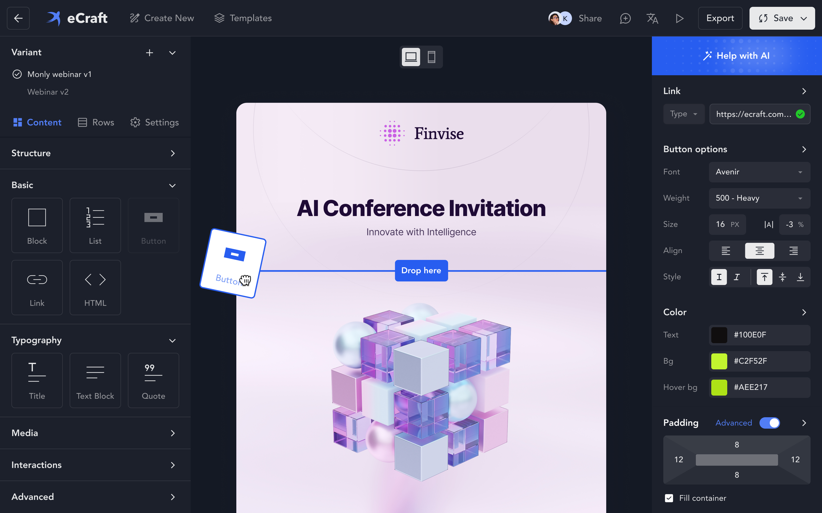 Email builder interface