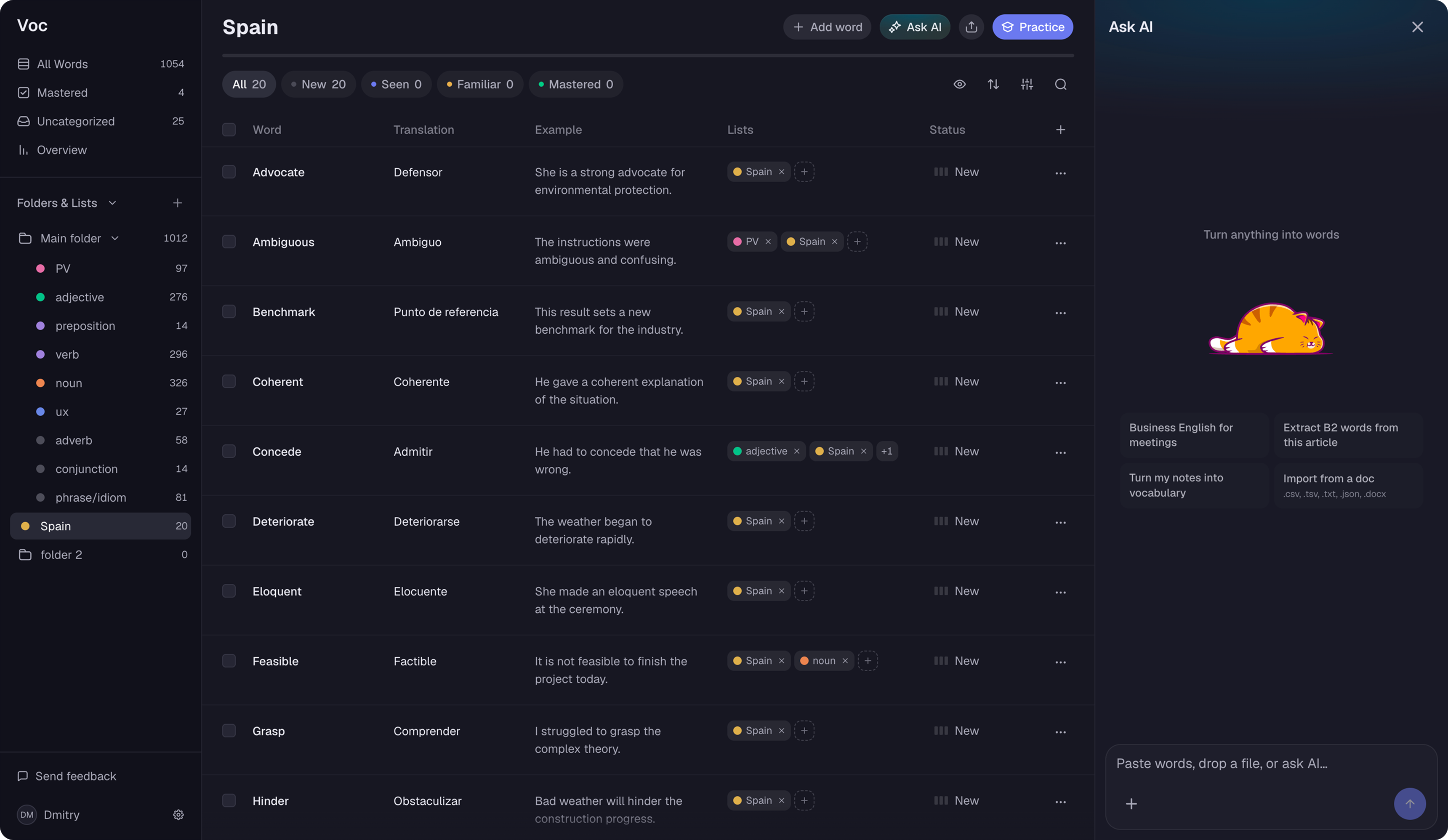 Vocabulary app dashboard with AI assistant panel